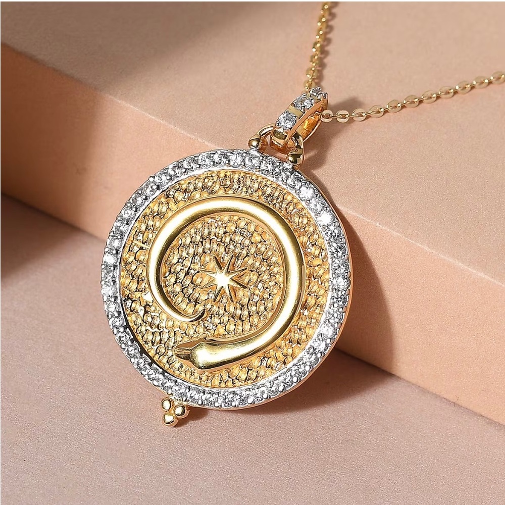 Natural White Zircon Eternal Love vermeil 
Starburst Lucky Coin Snake Pendant